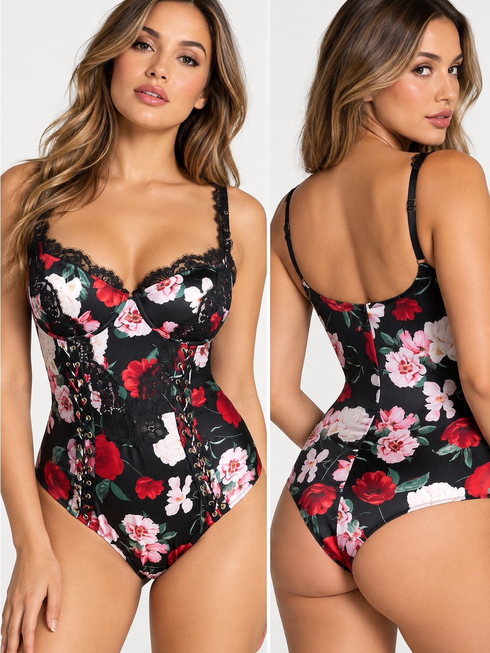 Victoria's Secret Black Floral Lace-Trim Bustier Bodysuit Sz M NWT